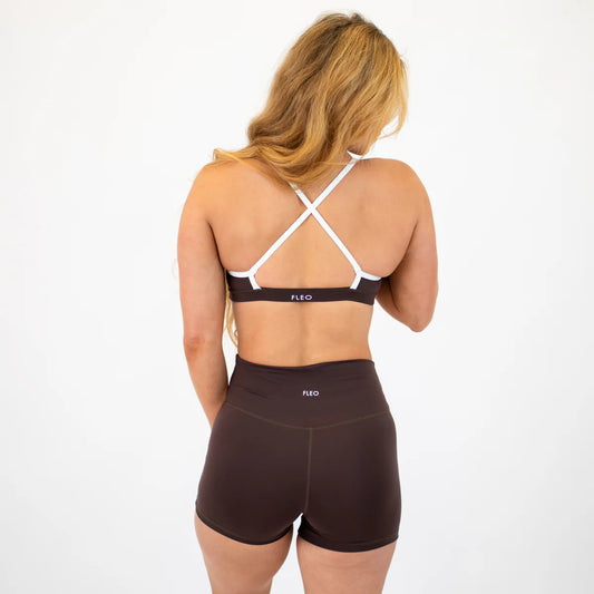 Chloe High Neck Sports Bra - Chocolate + White